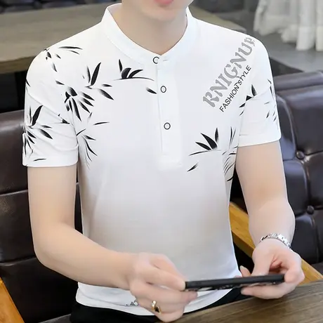 夏季男士立领短袖T恤纯棉半袖青年年POLO衫潮流新款打底衫V领上衣商品大图