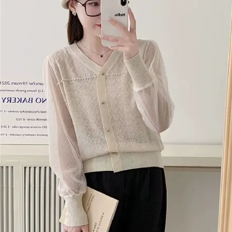 春装V领女蕾丝袖套头衫2024年新款女士针织衫洋气内搭打底衫早春图片