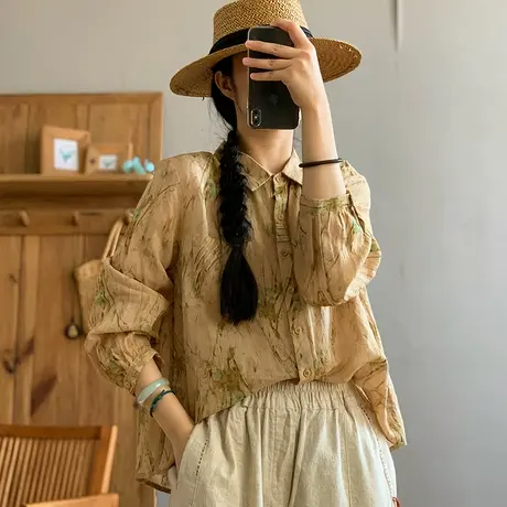 dza 复古气质翻领苎麻上衣女士长袖衬衫2024春夏新款宽松棉麻衬衣图片