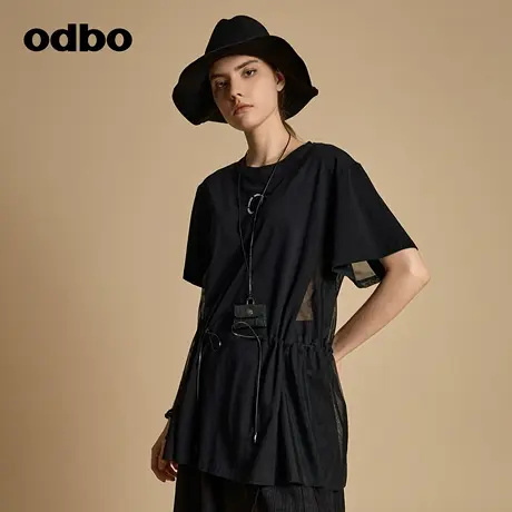odbo/欧迪比欧原创抽绳束腰设计感短袖T恤女早秋2023新款宽松上衣商品大图
