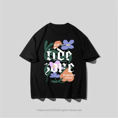 Ohlyah潮牌植物花卉蓝紫花朵印花短袖男女情侣装T恤夏季宽松体恤图片