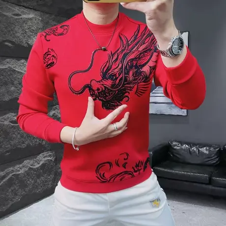 2024龙年新款男士长袖T恤衫本命年加肥加大码加绒加厚宽松卫衣男图片