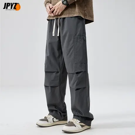 复古褶皱设计休闲裤男宽松直筒男裤2023春秋新款阔腿工装长裤子潮商品大图