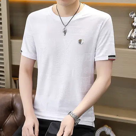 2024夏季新款冰丝短袖T恤男士潮流时尚提花烫钻加肥加大半袖体恤商品大图