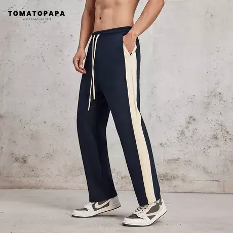 TOMATOPAPA新款2023休闲长裤男美式抽绳弹力拼接显腿长时尚阔腿裤商品大图