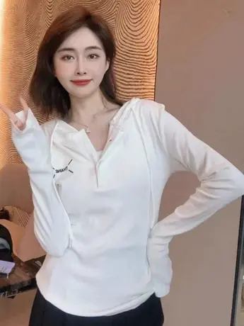 白色连帽卫衣2023春季新款显瘦短款长袖T恤女爆款内搭上衣打底衫商品大图