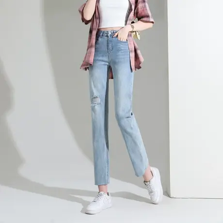 时尚气质牛仔裤2023年夏季新款女士简约高腰显瘦通勤直筒九分裤商品大图