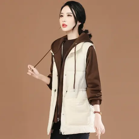 韩潮袭人连帽中长款假两件棉衣棉服女冬季外套工装棉袄加厚图片