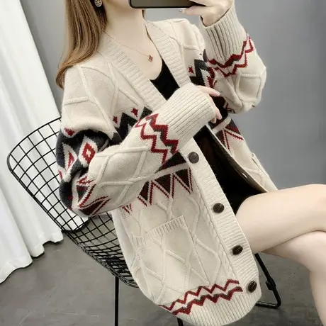 女士毛衣宽松秋装女2023年新款V领口袋菱形外穿提花针织开衫外套商品大图