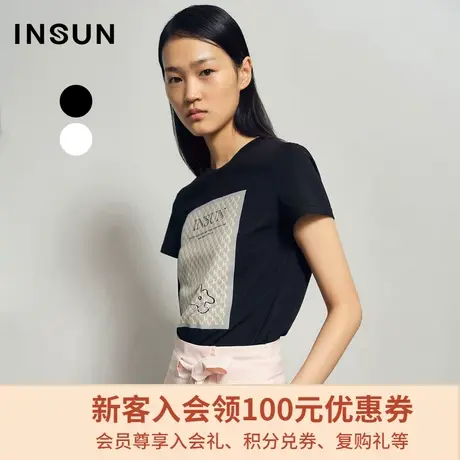 恩裳商场同款夏季时尚简约黑白字母印花设计感小众短袖圆领T恤女图片