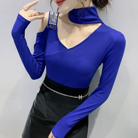 2023春秋新款性感露肩长袖T恤女洋气高领打底小衫设计感小众上衣商品大图