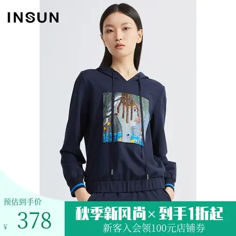 恩裳秋季简约休闲时尚印花套头百搭连帽卫衣女装商品大图