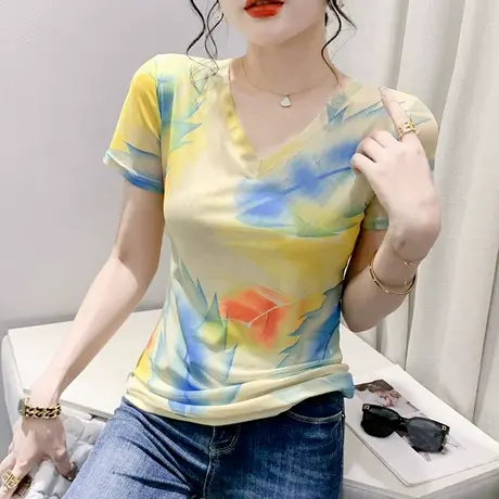欧货性感V领网纱T恤女短袖夏季洋气修身上衣时尚别致印花小衫半袖商品大图