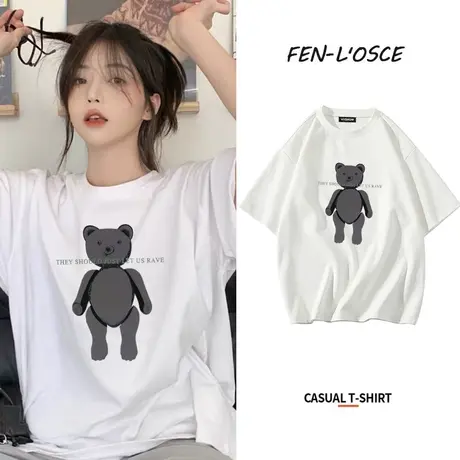 潮牌白色圆领印花短袖t恤女夏季2021新款韩版宽松纯棉半袖上衣ins商品大图