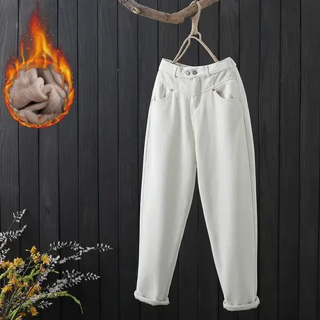 文艺纯色哈伦裤女冬季款加绒保暖小脚裤宽松显瘦休闲两粒扣老爹裤商品大图