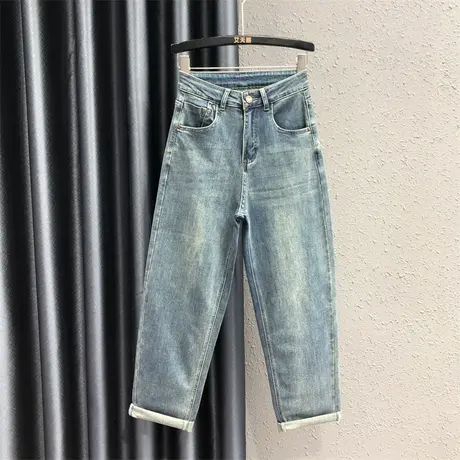 欧货高腰休闲老爹裤23早秋新款简约磨白宽松显瘦牛仔哈伦裤百搭潮商品大图