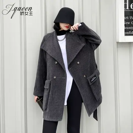 灯芯绒外套女加厚冬季绑带显瘦气质复古时尚百搭中长款条绒大衣潮商品大图