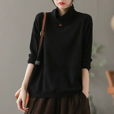 dza纯色全棉高领长袖t恤女士春秋新款内搭打底衫宽松显瘦体恤上衣商品大图