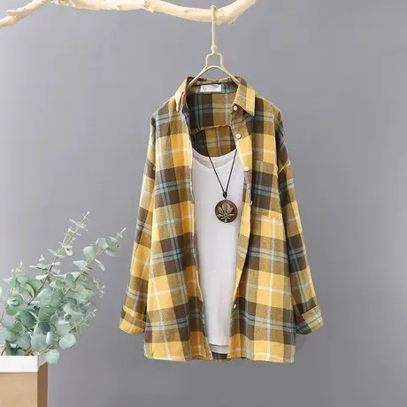格子衬衫女长袖宽松2023春装新款韩范磨毛纯棉休闲外套衬衣开衫潮商品大图