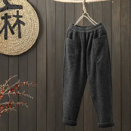 枫谜2021年冬季新款文艺复古松紧腰加绒长裤女口袋加厚针织哈伦裤图片