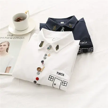 日系春秋小清新学院风衬衣甜美文艺刺绣口红立体装饰长袖白衬衫女图片