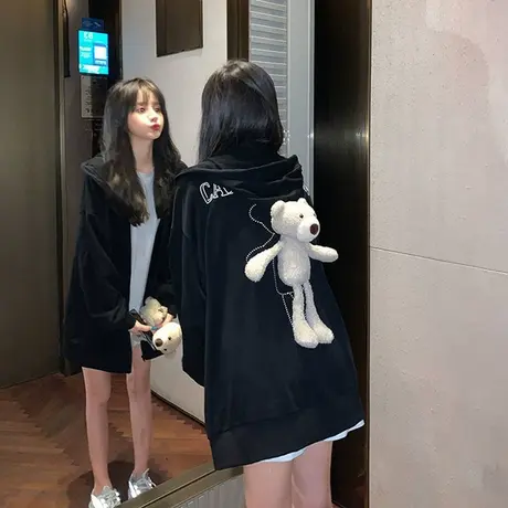 炸街三人闺蜜姐妹装ins宽松中长款背后立体小熊卫衣春夏上衣女潮图片