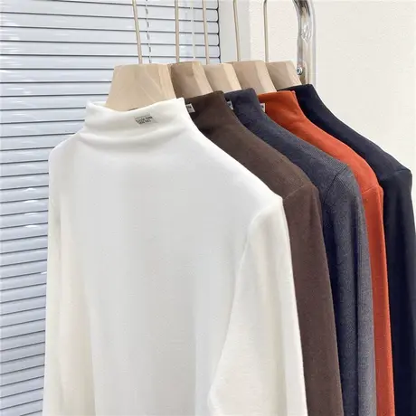 磨毛德绒保暖半高领打底衫女秋冬新款百搭宽松叠穿长袖T恤女上衣商品大图