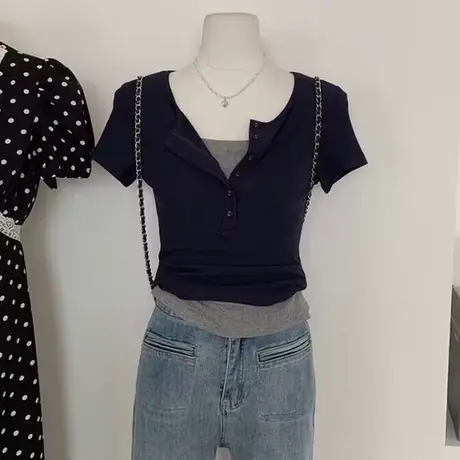 假两件短袖女2023夏季新款纯棉T恤修身显瘦百搭设计感小众上衣潮商品大图