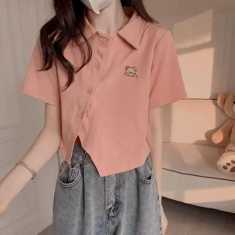 纯棉polo领正肩不规则短袖t恤女夏季ins潮修身设计感小众短款上衣商品大图