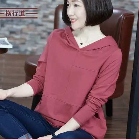 冬季女新款连帽宽松口袋长袖帽衫上衣纯色打底衫t恤2023冬装体恤商品大图