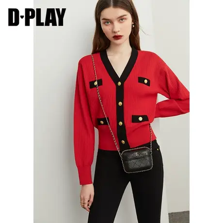 DPLAY秋Vintage红拼黑V领金属浮雕扣短款女上衣针织开衫外套商品大图