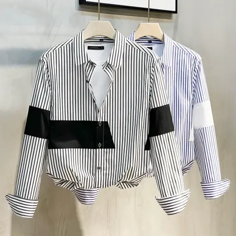 男士竖条纹衬衫男装长袖韩版拼接潮流韩版高级感衬衣帅气休闲春秋商品大图