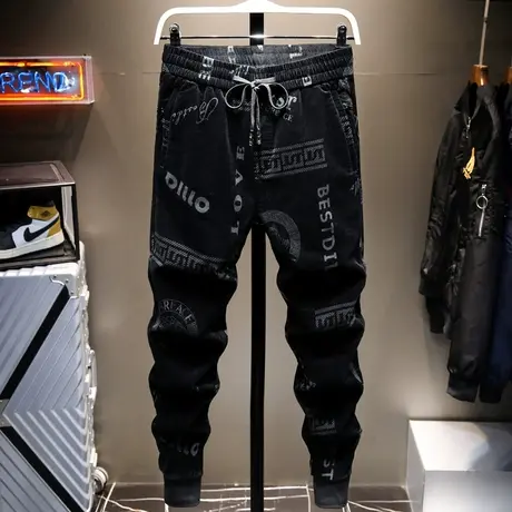 秋冬季款灯芯绒裤子男潮牌印花休闲长裤秋冬季韩版潮流束脚小脚裤商品大图