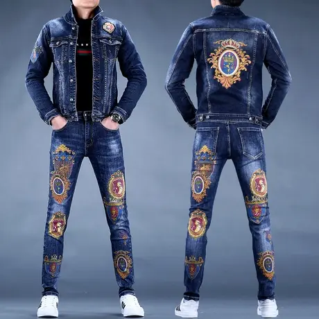2023秋款新款男士牛仔套装男潮牌修身男款裤子休闲外套男夹克上衣商品大图