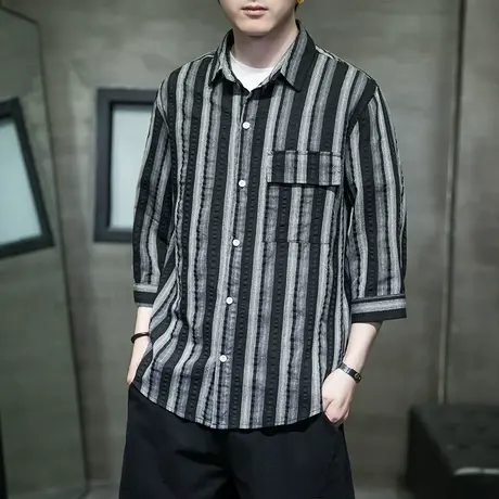 中国风亚麻衬衫男短袖夏季薄款透气七分袖文艺竖条纹工装衬衣大码图片