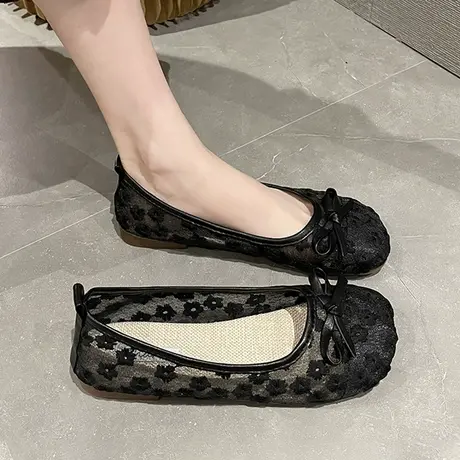 蝴蝶结甜美豆豆鞋女2023夏季浅口软底单鞋一脚蹬网纱透气玛丽珍鞋商品大图