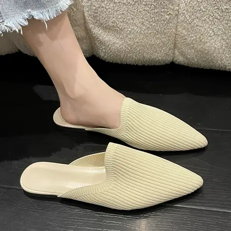 懒人包头拖鞋女外穿2023夏季新款时尚网红百搭尖头平底针织半拖鞋商品大图