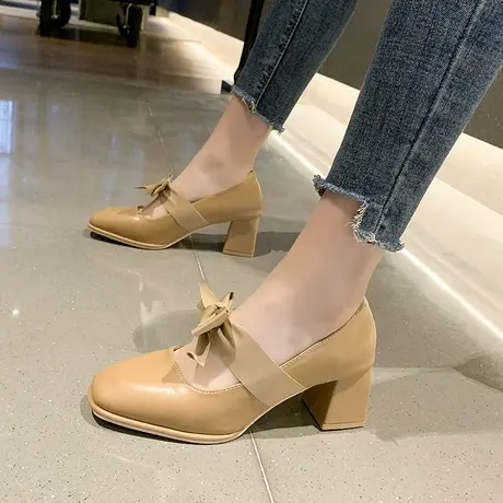 法式单鞋女气质温柔配裙子浅口高跟鞋仙女伴娘鞋中跟玛丽珍小皮鞋图片