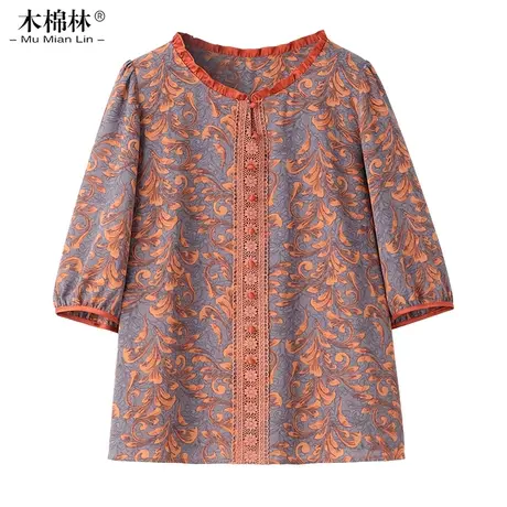 胖mm大码上衣女宽松短袖小衫妈妈装碎花显瘦衬衣洋气时尚复古衬衫商品大图