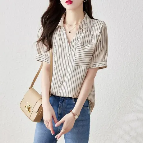衬衫女新款2023夏装设计感小众法式条纹上衣复古宽松显瘦雪纺小衫商品大图