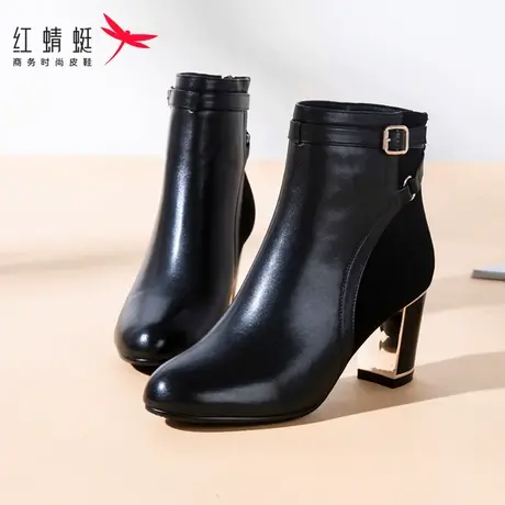 红蜻蜓短靴女加绒保暖女靴韩版百搭粗跟马丁靴后拉链高跟女鞋子商品大图