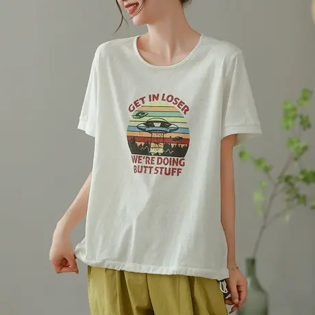 dza字母卡通纯棉短袖T恤女2023夏薄白色打底体恤宽松显瘦套头上衣商品大图