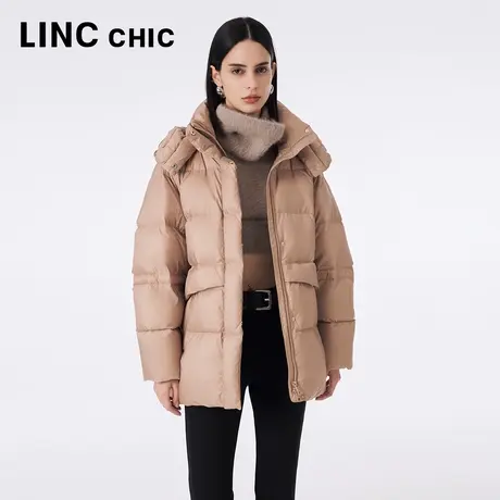 LINCCHIC金羽杰羽绒服女2023秋冬新品量感立领连帽中长款面包服商品大图
