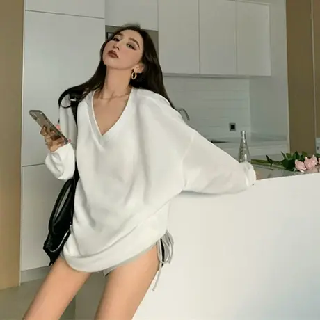 白色t恤女装长袖早秋季2023新款V领宽松韩版打底衫女内搭叠穿上衣商品大图
