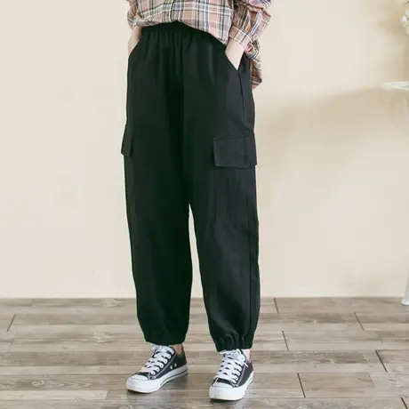 胖妹妹春季复古棉质宽松哈伦裤加大码2023新款休闲工装裤200斤女商品大图