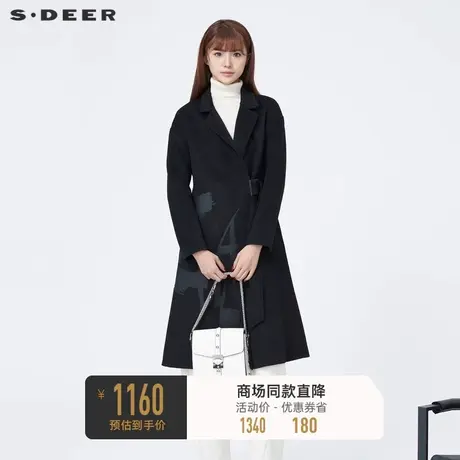 sdeer圣迪奥女装西装领撞色印花收腰毛呢大衣S23482520👜图片