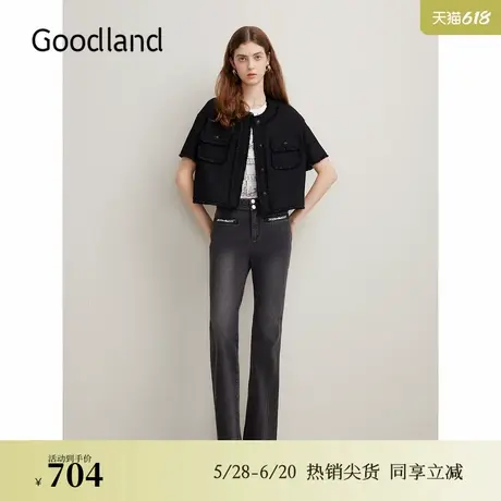 Goodland美地夏季流苏小香风细麻格纹理休闲短外套图片