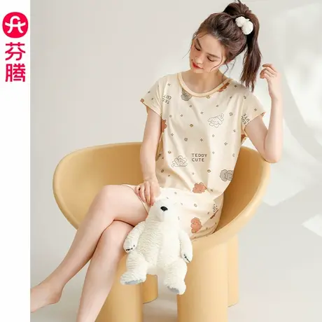 芬腾女睡裙夏季纯棉短袖睡衣裙少女韩版卡通休闲全棉家居服中短裙图片
