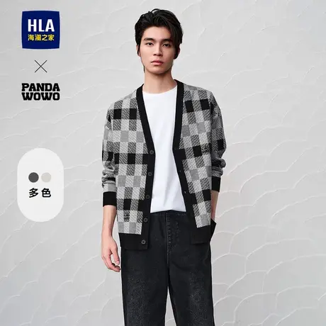 HLA/海澜之家panda wowo熊猫宽松针织开衫24秋冬新刺绣黑色毛衣男图片