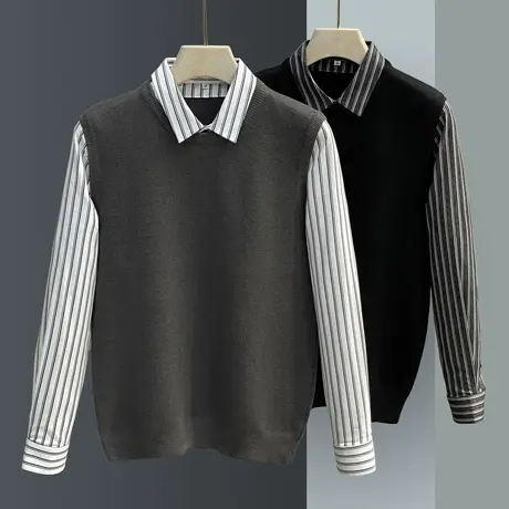 衬衫领假两件毛衣男加绒加厚商务背心男士保暖打底针织衫内搭秋冬商品大图